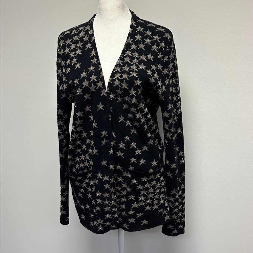 YSL Saint Laurent Oversized V-Neck Cardigan BLACK AND SILVER STAR JACQUARD $1490 - Picture 3 of 10